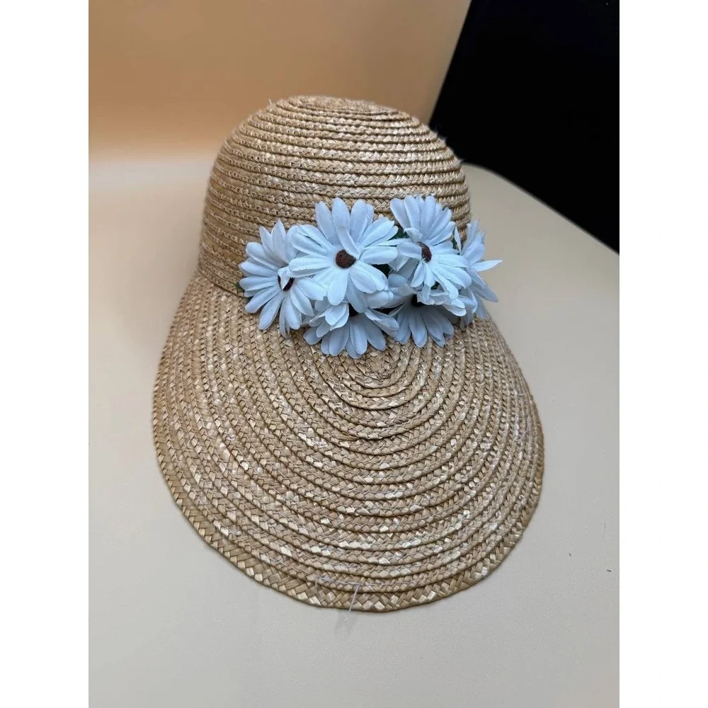 Beige Straw Wide-Brim Sun Hat‎ With Daisy Flowers Summer Beach Resort Cruise